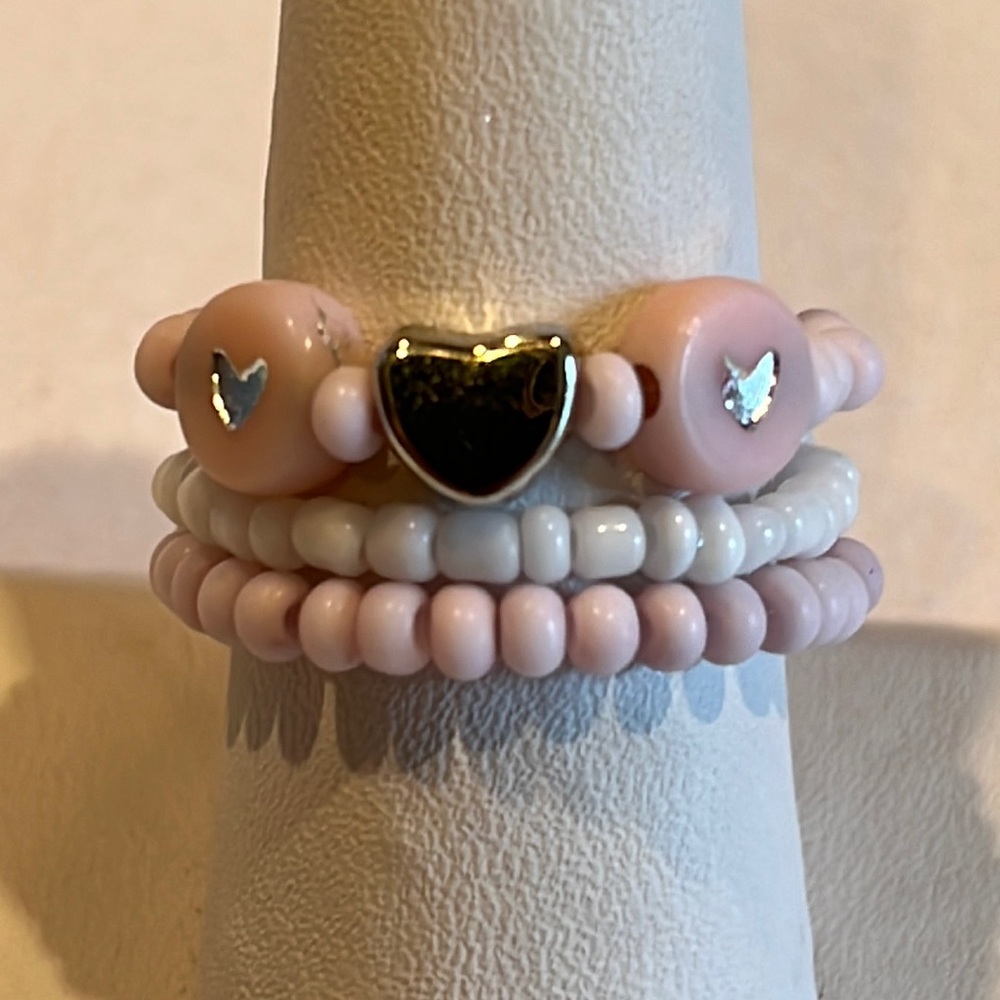 Handmade Pink & White Hearts Beaded Ring Set, Stretchy
